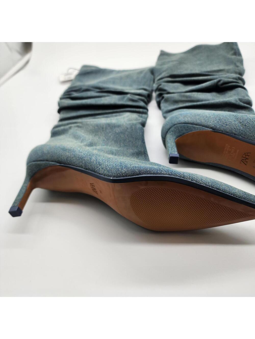 NEW Zara Slouchy Denim Knee High Boots Blue Pointed Toe EU 38 US 7.5 - Picture 6 of 8